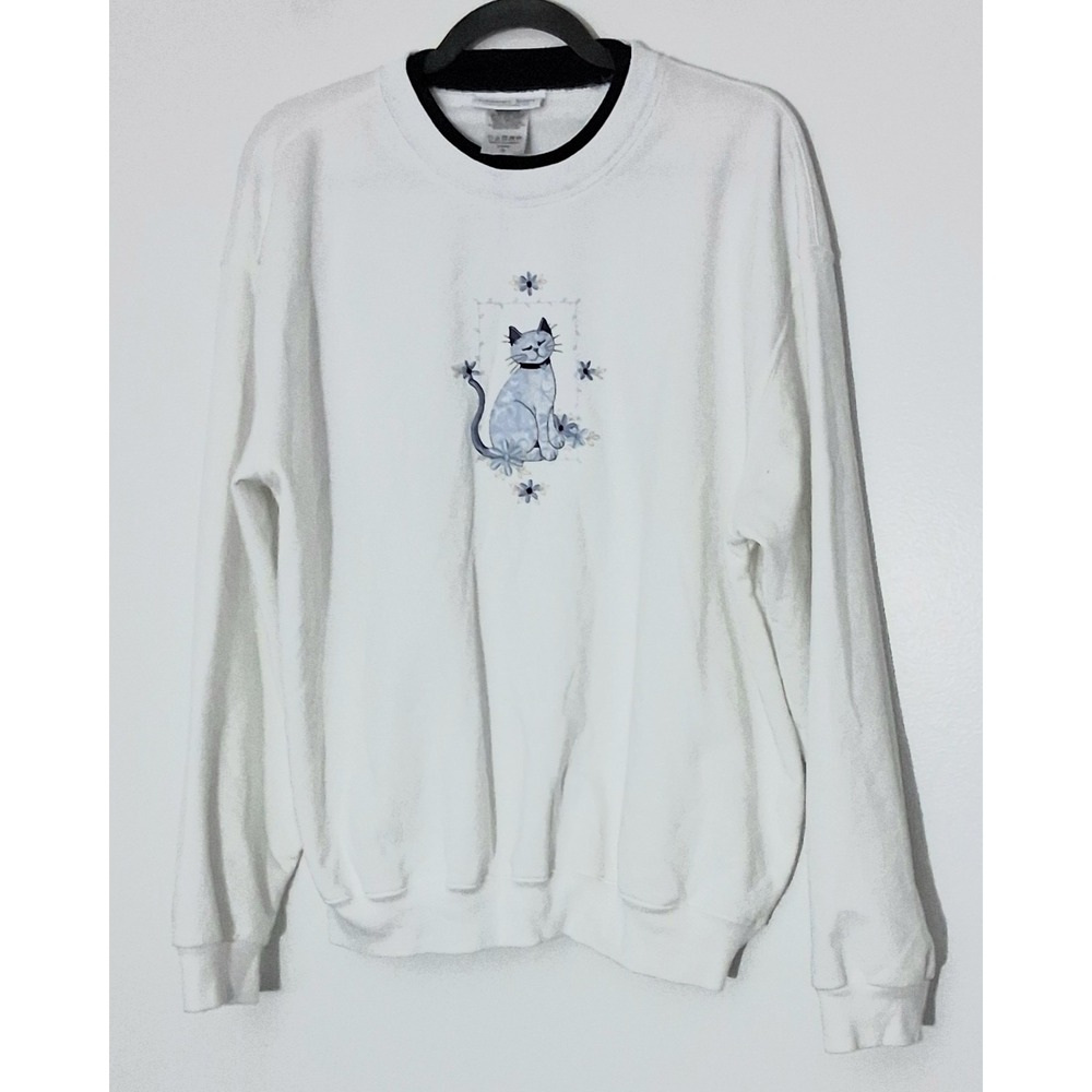 Country Store Sweatshirt Womens Size 3X White Embroidered Blue Cat Pre-owned